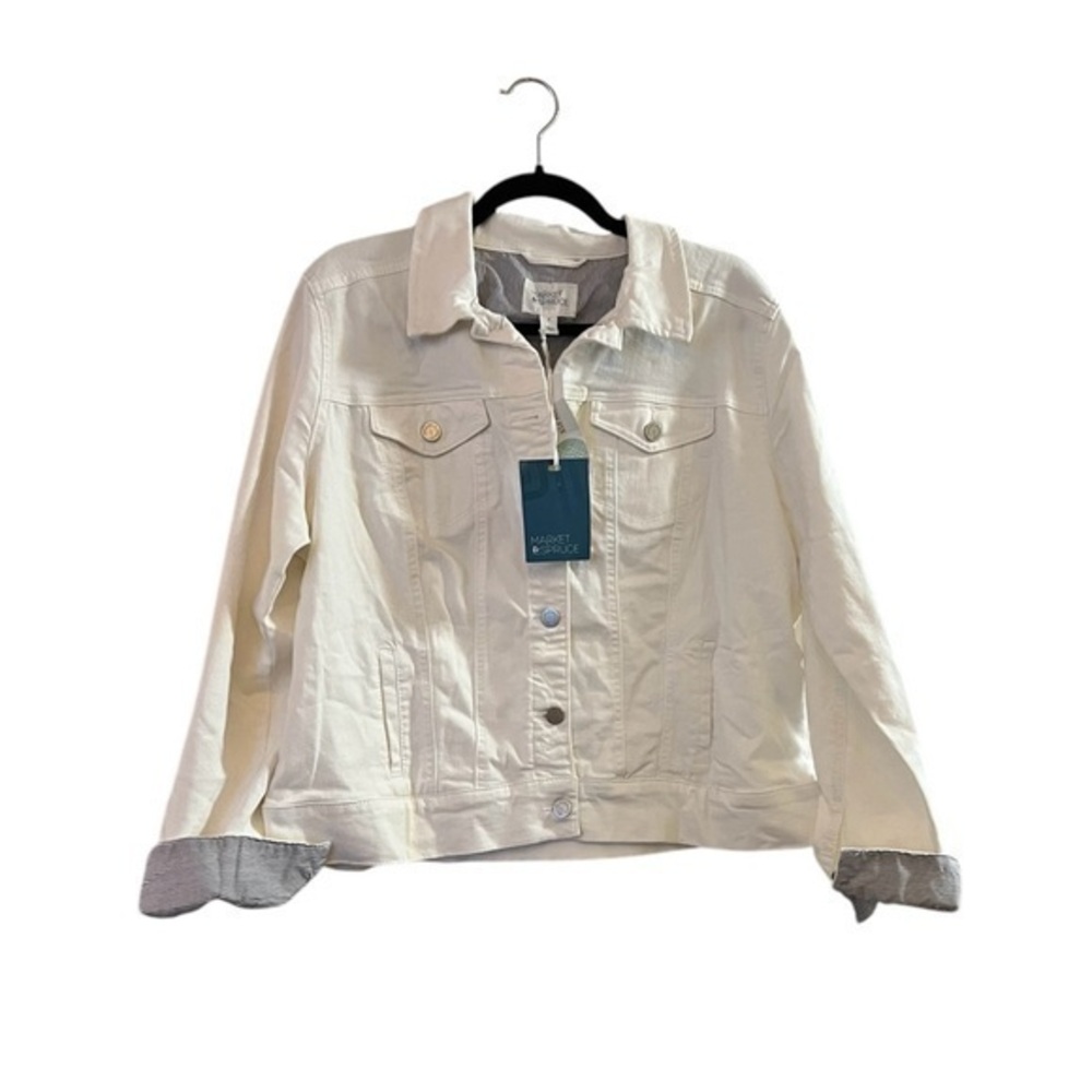 NWT Market & Spruce White Denim Jean Jacket w/ Blue Striped Fold Up Cuff, 1X - Picture 1 of 6